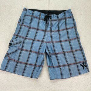 Hurley Boardshorts Men 32 Small S 10" Blue Plaid Cargo Pocket Swim Windowpane
